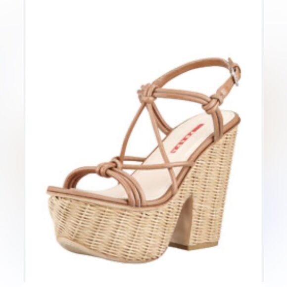 Prada
Knotted Leather Wicker-Wedge Sandal, Brown size 38 - Picture 1 of 7